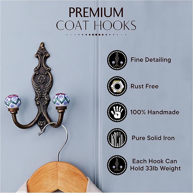 Indian Shelf Pack of 6 Heavy Duty Double Prong White Decorative Coat Hooks Unique Coat Rack Wall Mount Ceramic Wall Hooks for Hanging Towel Holder Backpack Purse Hanger- Style 11
