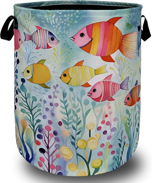 Watercolor Fish Laundry Basket Foldable With Handles Cute Fishes Tote Bag Oxford Cloth Colorful Laundry Hamper Clothes Storage Bucket Toy Organizer For Bathroom/Laundry/Bedroom 18.9"x16.5 "