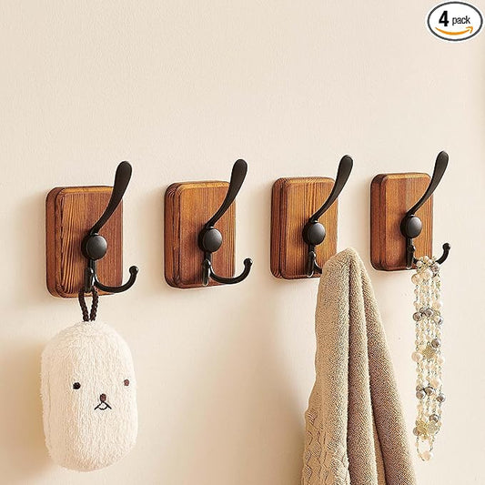 4 Pack Rustic Coat Hooks Wall Mount, Farmhouse Towel Hooks for Bathrooms, Heavy Duty Adhesive Mounted & Drill Mount Decorative Wood Wall Hooks for Hanging Towel Robe Backpack (Brown)
