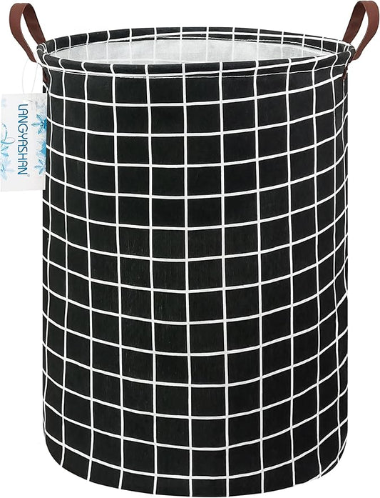 LANGYASHAN Laundry Basket Canvas Fabric Collapsible Organizer Basket for Storage Bin Toy Bins Gift Baskets Bedroom Clothes Children Nursery Hamper (Black Grid)