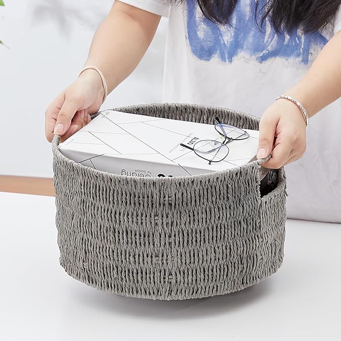 Vagusicc Wicker Storage Basket, Hand-Woven Paper Rope Large Round Woven Basket With Handles, Wicker Baskets for Organizing/Storage, Grey, 3-Pack