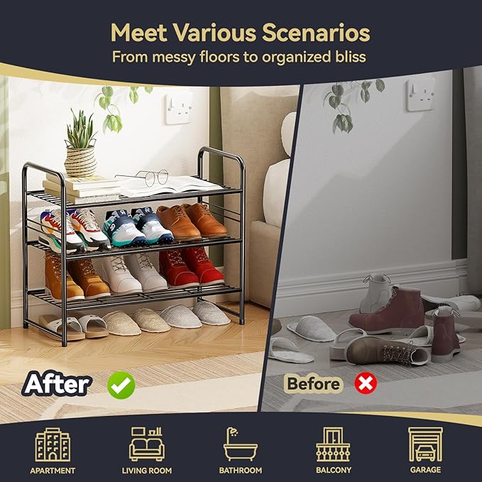 Shoe Organizer for Closet, Shoe Shelf Rack Metal 3 Tier with Stackable & Heavy Duty, Black