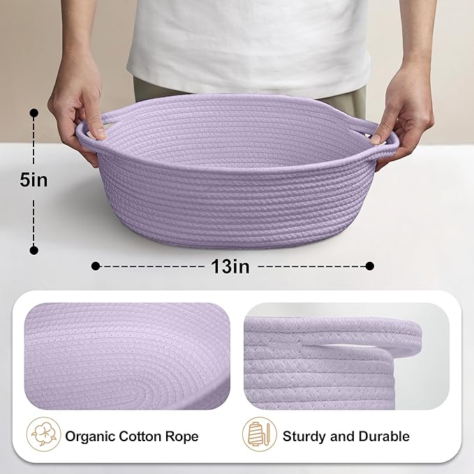 Purple Small Woven Basket, 13â x 9â x 5â Baskets for Gifts Empty, Cotton Rope Gift Basket, Cute Nursery Baby Organizer, Cat Dog Toy Box, Oval Wicker Storage Bin with Handle