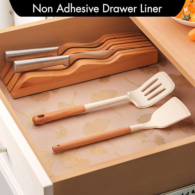 Cooyes Shelf Liner, Non Adhesive Drawer and Cabinet Liner, EVA Washable Oil-Proof Shelf Paper for Kitchen Cabinets, Refrigerator, Storage, Desks with Modern Pattern （Gold Ginkgo，11.8" W x 360" L）