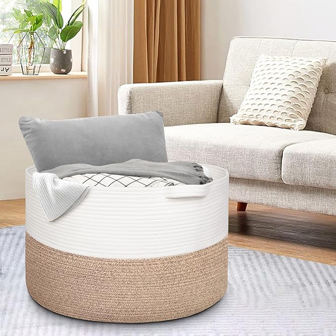 115L Super Large Blanket Basket, Oversized Organizer, Cotton Rope Woven Bin, XXXL Jumbo Basket for Blankets for Living Room, 23.6"x15.7", Brown