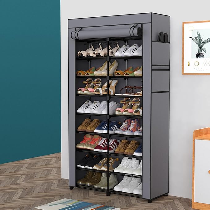 9-Tier Shoe Rack - 36-40 Pairs Organizer with Nonwoven Fabric Cover, Double Row for Closet (Black Rack with Gray Cover)