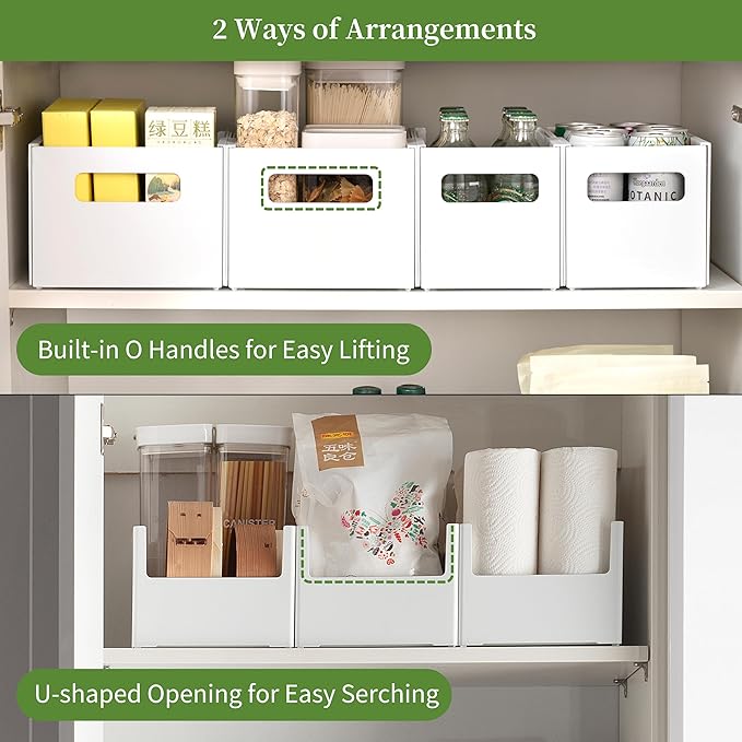 Adjustable Storage Bins for Home and Kitchen, Deep Stackable 7 Pieces Different Sizes Organizing Boxs for Cabinet Pantry Closet Refrigerator and Cupboard in White Plastic，WH-AD-White-Set-7PC