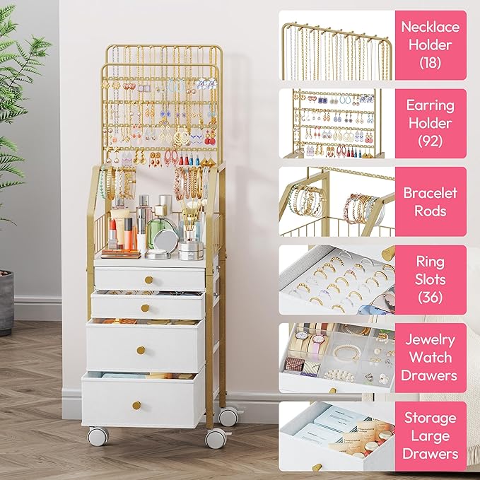 SWTYMIKI Gold Jewelry Organizer Stand - Multifunctional Rack Tower for Necklace, Earring, Ring & Bracelet Display - Moveable Storage Jewelry Holder Stand with 4 Nonwoven Drawers for Bedroom Gold
