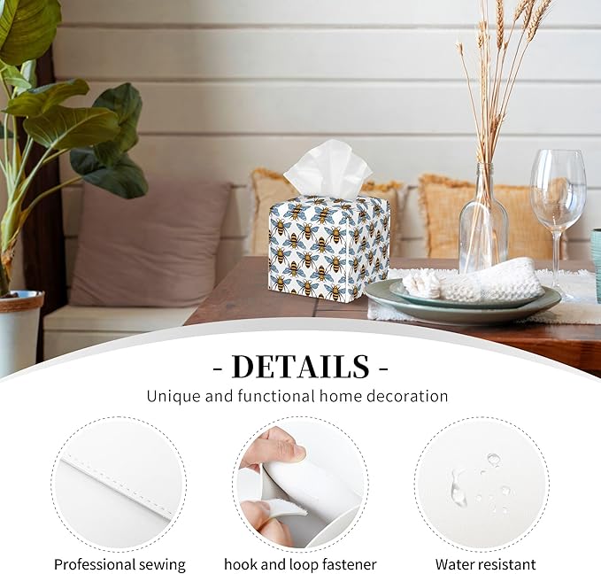 Honey Bee Tissue Box Cover Leather Tissue Box Holder Square Facial Paper Organizer Dispenser for Bathroom Kitchen Bedroom Vanity Countertop Night Stands