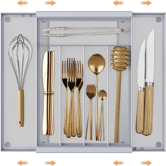 Silverware Organizer Metal Mesh, Drawer Organizer, Utensil Cutlery Tray Expandable Flatware Organizer with 7 Compartment Silver 9.6"~16.1" x 13.8"