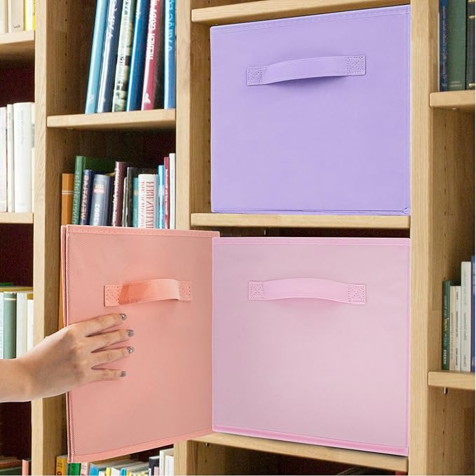 Fabric Storage Bins 6 Pack 13 inch Foldable Storage Cubes with Reinforced Handles Fun Colored Durable Cube Storage Bin for Home, Playroom, Closet Organizers and Storage Purple, Pink, Peach