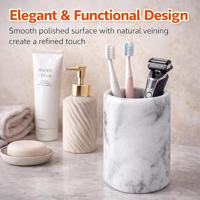 Creative Home Solid Natural Marble Pen Holder â Heavyweight Pencil Cup Organizer for Desk, Vanity, or Bathroom, 3.3" Diameter x 4.5" Height, Off-White with Unique Stone Patterns
