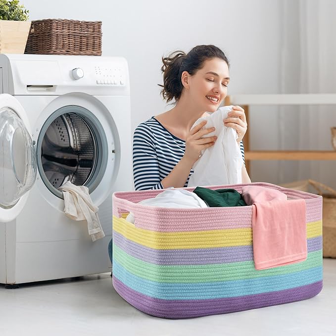 Large Blanket Basket, Rectangle Woven Baskets for Storage, Blanket Storage for Living Room, Cotton Rope Big Storage Basket for Blankets (Light Rainbow)