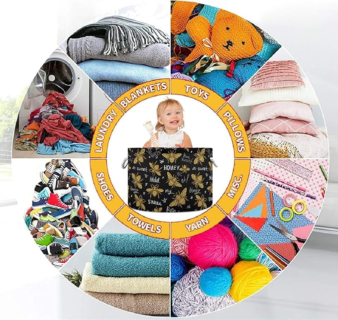 visesunny Storage Basket Golden Honey Bee Animal Nursery Hamper Canvas Fabric Toy Storage Organizer Bin Storage Box Laundry Basket for Kid Rooms,Playroom,Shelves,Toy Basket
