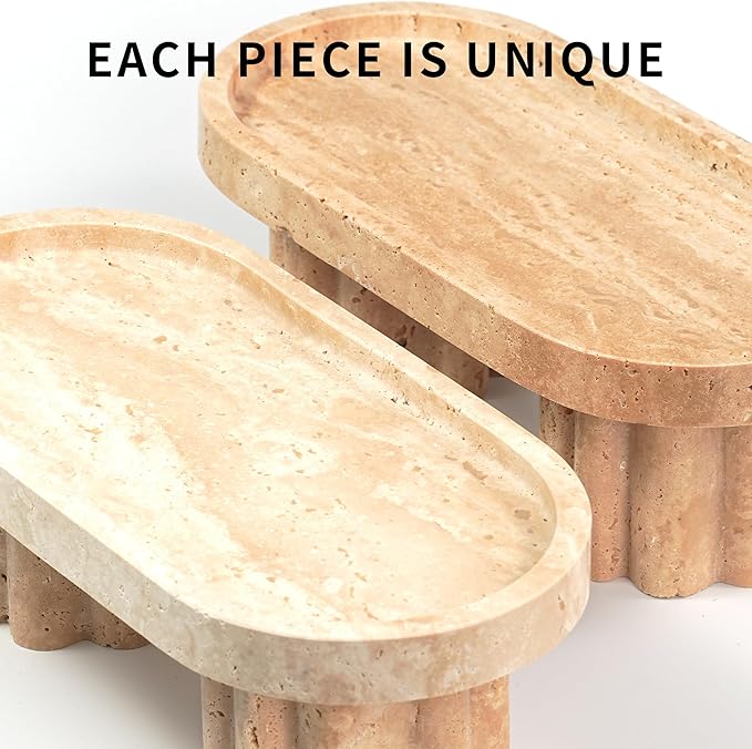 Travertine Marble Perfume Tray - Oval Decorative Stone Pedestal with Scalloped Legs for Bathroom Vanity Coffee Table Kitchen Countertop, Footed Jewelry Holders Organizers