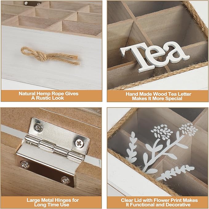 handrong Tea Box,Wood Tea Organizers and Storage,12 Compartments Teas Storage, Rustic Teabag Holder Organizer, Teas organizer for tea bags for Countertop Kitchen Cabinet Pantry