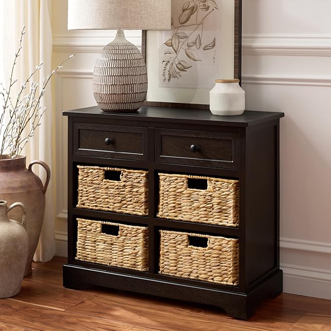 SAFAVIEH Home Collection â Herman Dark Chocolate Storage Unit, 2-Drawer 4-Basket Mixed-Material Organizer, Fully Assembled (AMH5702H)