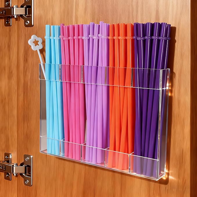 9.5” Large Acrylic Straw Holder for Cabinet Door with Detachable Ultra Sticky Adhesive Squares and Stickers, 2026 Reusable Straws Organizer Storage Dispenser for Kitchen Counter Cupboard