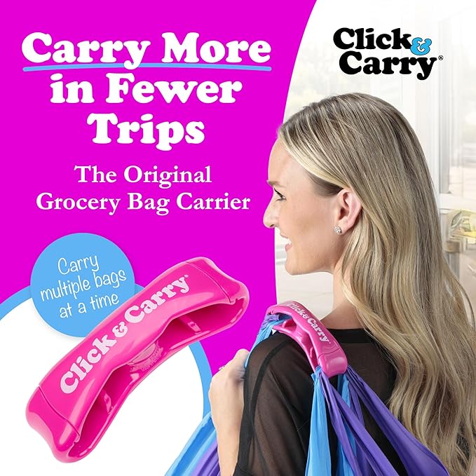 Click & Carry Grocery Bag Carrier Handle - Carry More in Fewer Trips, 100lb Capacity, Hands-Free, Gel-Padded Ergonomic Design, Shopping & Grocery Bag Holder - As Seen On Shark Tank, Fuchsia, 1 Pack