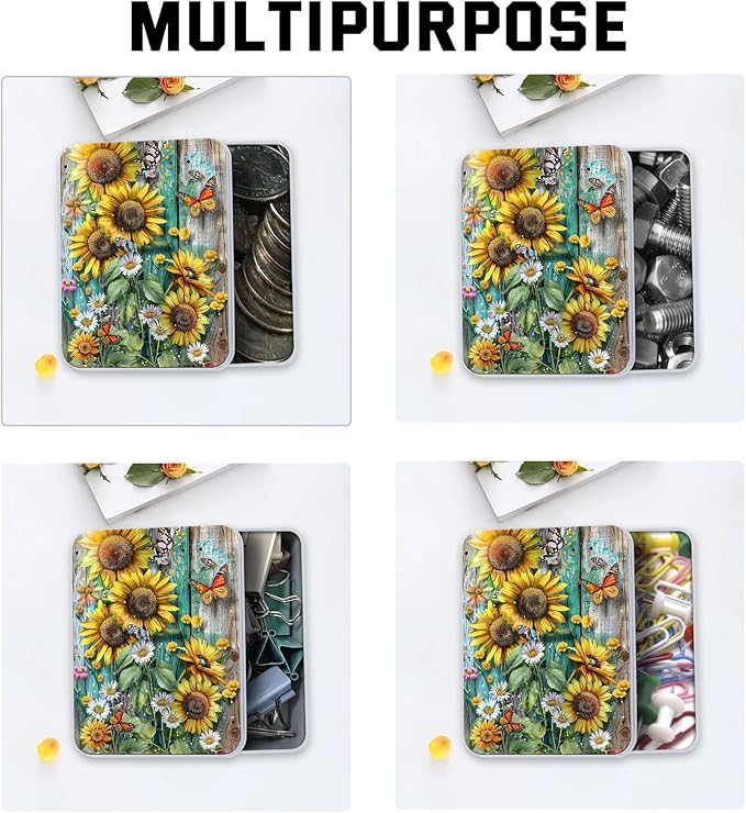 Metal Tin Box with Lid,Multi-functional Storage Large Box Can Store Tea Biscuits Game Cards, Playing & Tarot Cards-Comes with 4 Magnetic Cord Clips,Sunflowers Daisies and Butterflies