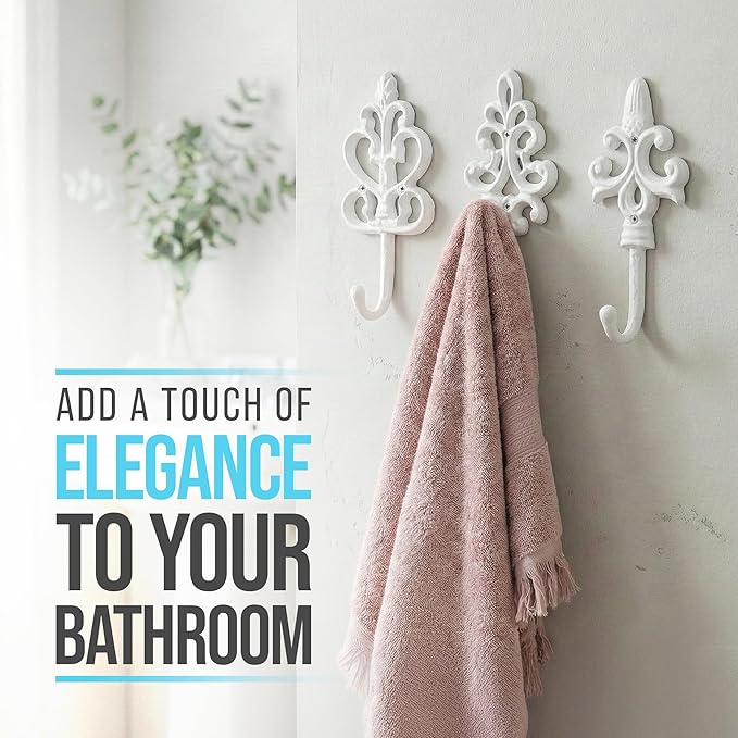 Comfify Shabby Chic Decorative Wall Hooks - Set of 3 - Cast Iron French Country Wall Decor - Farmhouse Hangers for Coats, Purses and More - Pure White