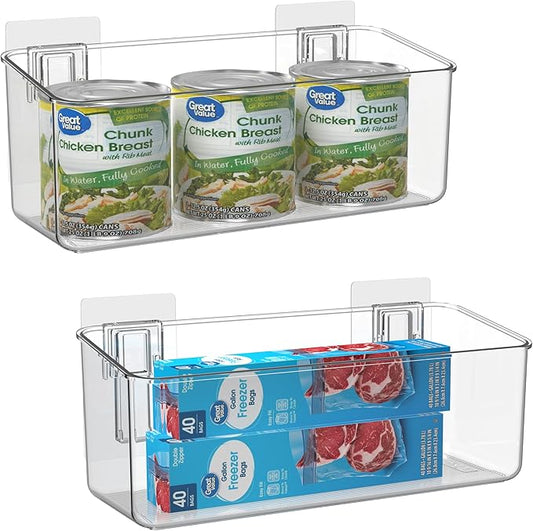 vacane 2 Pack Plastic Adhesive Mount Over Cabinet Door Organizer, Wall Organization Container Makeup Organizer Hanging Basket Bins for Kitchen, Pantry, Craft Room, Office, Space Saving Holder