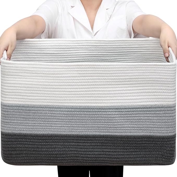 95L Large Blanket Basket, Woven Storage Baskets with Reinforced Handles, Rope Laundry Basket for Living Room, Bedroom, Nursery, Toys, Clothes, Pillows, 24â x 17â x 13.5â, White & Grey