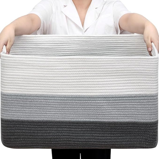 95L Large Blanket Basket, Woven Storage Baskets with Reinforced Handles, Rope Laundry Basket for Living Room, Bedroom, Nursery, Toys, Clothes, Pillows, 24â x 17â x 13.5â, White & Grey