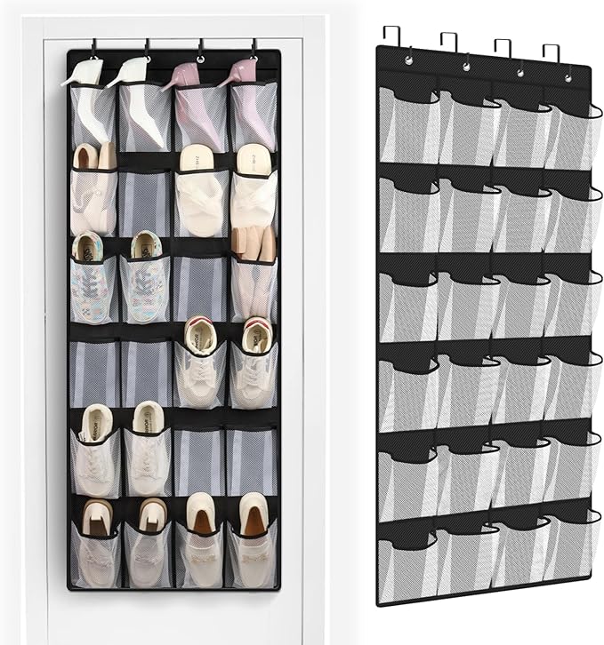 FENTEC 24 Large Pockets Over Door Shoe Organizer, Mesh Hanging Shoe Organizer for Closet Mesh Closet Holder, Back of Door Organizer for Cruise Ships, Rack for Wall, Black, 1 Pack