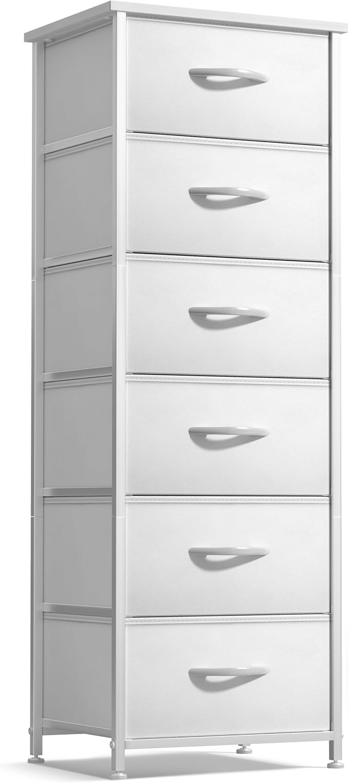 Sorbus Fabric Dresser for Kids Bedroom - Chest of 6 Drawers, Tall Storage Tower, Clothing Organizer, for Closet, for Playroom, for Nursery, Steel Frame, Fabric Bins - Wood Handle (White)
