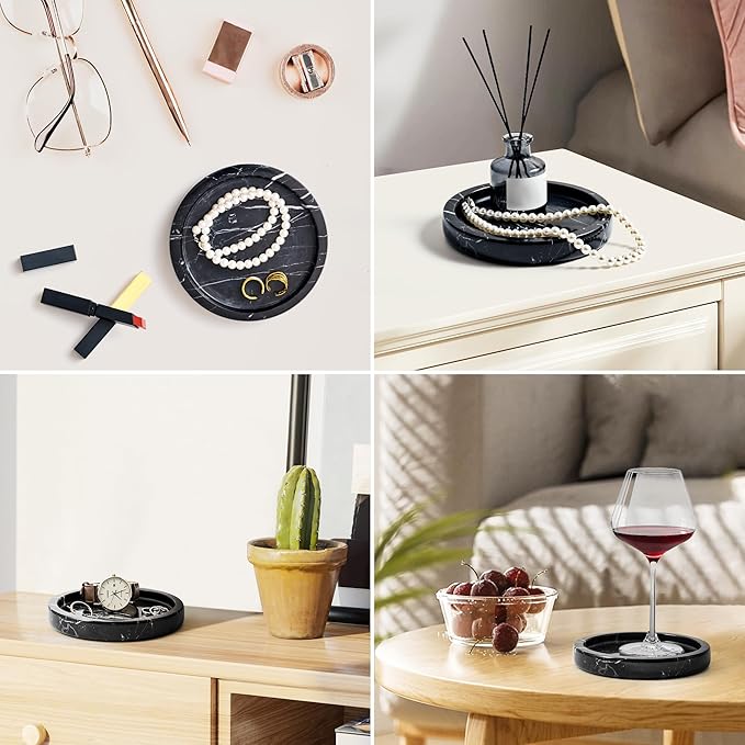 Natural Marble Tray for Rings and Jewelry Dish, 5.91 inch Round Decorative Tray for Kitchen, Vanity, Bathroom,Dressing Table, Bedside Table, Home Decor, Black (NS028)