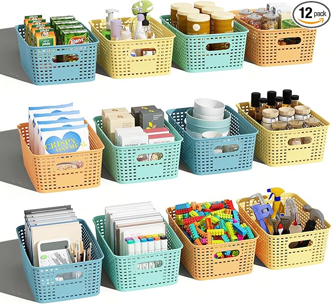 Plastic Storage Basket for Organizing 12 Pack Small Colored Storage Bins Container for Shelves, Colorful Shelf Baskets with Handles for Organization