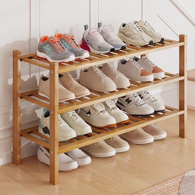 Bamboo Shoe Rack Organizer for Closet and Entryway - Space-Saving Narrow Shoe Stand - Versatile Shoe Holder for Door or Closet Shelf, Bedroom can Freely Stack DIY Small Shoe Racks 3 Tier Bamboo color