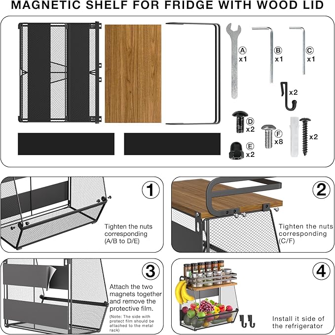 Magnetic Shelf for Fridge with Wood Lid, Large Capacity Magnetic Spice Rack for Refrigerator Kitchen Storage Bin for Fruit, Onion, Potatoes, Storage Organizer for Counter & Cabinet, Mesh Basket
