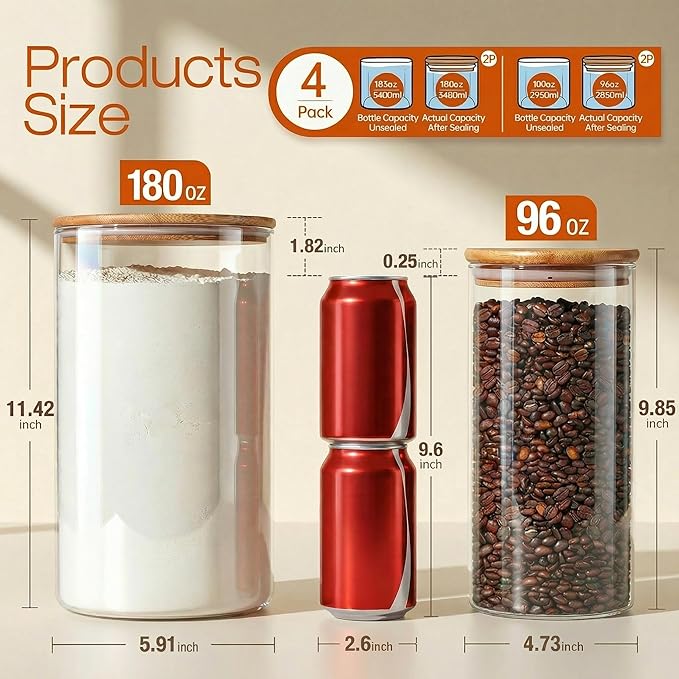 Large Glass Flour and Sugar Containers 180oz x2 & 93oz x2 [Set of 4], Glass Food Storage Containers with Bamboo Lids, Glass Jar with Airtight Lid for Spaghetti Pasta,Rice,Cereal,Coffee, Oat