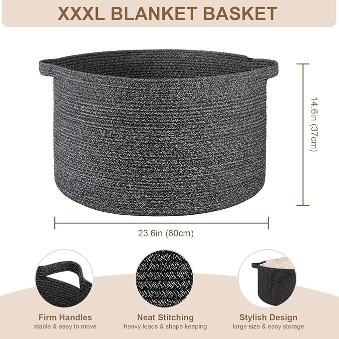 Large Woven Baskets for Storage, 23.6" x 23.6" x 14.6" Blanket Storage Living Room, Baby Toy Basket for Clothes, Pillows, Towels, Shoe Basket for Entryway (Black)
