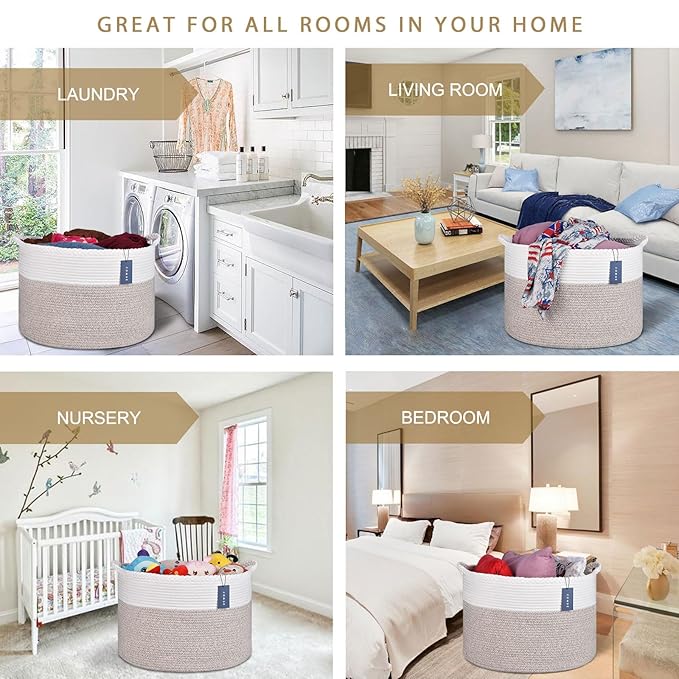 COMSE Extra Large Blanket Basket, Woven Laundry Basket, 21.7âx 13.8â, Nursery Hamper, Cotton Rope Laundry Hamper Living Room for Storage Toys Clothes Towels (White & Light Brown)