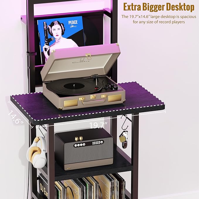 Record Player Stand with Led Light,Record Player Table with Vinyl Storage,Turntable Stand with Record Holder Vinyls Display Shelf for Music Room Studio,Black
