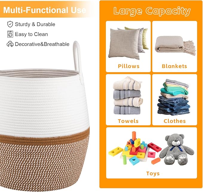 OIAHOMY 60L Blanket Basket with Handle, Storage Basket for Living Room, Laundry Hamper for Clothes, Towels, Pillows, Toy Storage for Kids and Dogs, Baby Hamper for Nursery - Brown & White