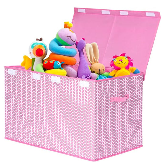 Mayniu Extra Large Toy Box Chest with Dividers, 120L Sturdy Toy Storage Organizer Bin Boxes Basket for Kids, Boys, Girls, Living Room, Nursery, Bedroom, Playroom (26"x17" x17", Pink)