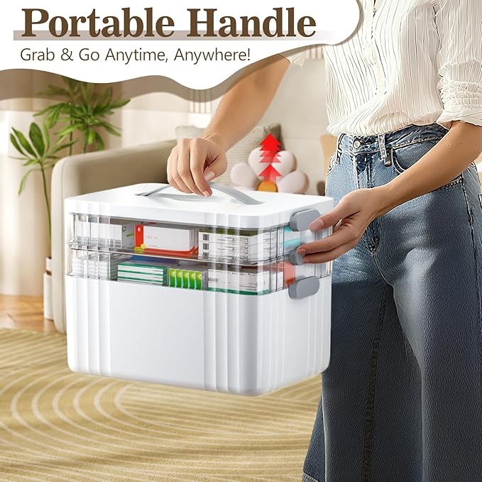 3-Tier Medicine Organizer - Portable Medicine Cabinet with Plastic Handle, Multipurpose Medical Box, Pill Organizer, Empty First Aid Kit for Home