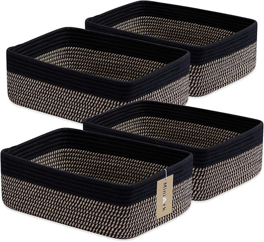 Large Shallow Organizing Baskets 15x11x5.1 Inches - Rope Woven Storage Bins for Bathroom, Shelves, Cube Closet, Black Woven Brown 4 Packs