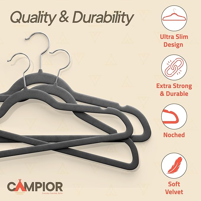 Gray Velvet Hangers 100 Pack – 360° Swivel Hook, Non-Slip and Space Saving Hangers, Heavy-Duty 11 lbs Weight Capacity - Smooth Velvet Finish for Crease-Free Clothes and Effortless Closet Organization