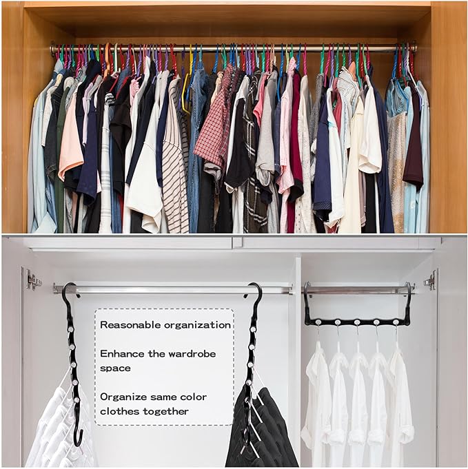 Closet Organizers and Storage, 8 Pack Stronger Space Saving Hangers for 40 Clothes, College Dorm Room Essentials for Guys Girls, Clothes Hanger with 5 Holes, Closet Storage, Magic Home Organization