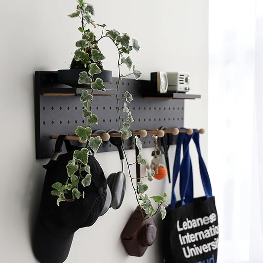 Wooden Pegboard Accessories Set: Modular Wall Hooks & Shelf for Garage, Office & Home Organization(Black Colored Finish-B)