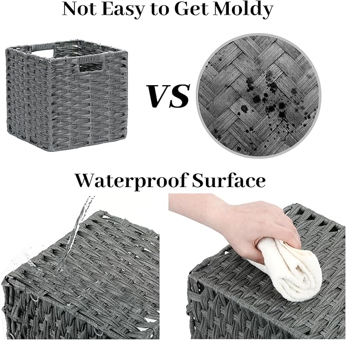 DULLEMELO 11x11 Wicker Baskets for Storage, Plastic Woven Cube Storage Bins for Shelves, Waterproof Foldable Wicker Baskets for Organizing Shelves,Closet, Clothes, Toys-Grey
