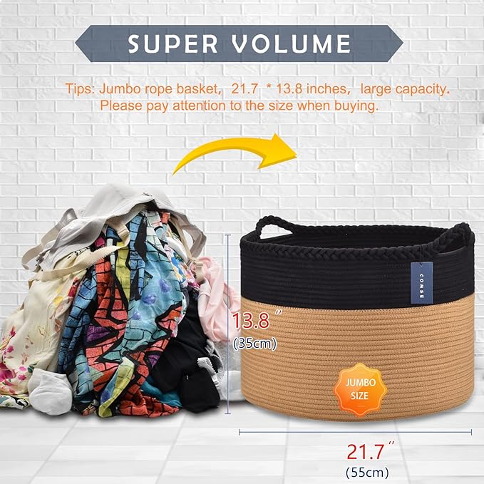 COMSE Extra Large Blanket Basket, Woven Laundry Basket, 21.7âx 13.8â, Nursery Hamper, Cotton Rope Laundry Hamper Living Room for Storage Toys Clothes Towels (Black & Camel)