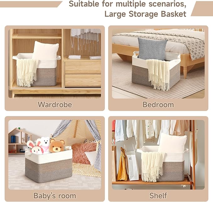 CLHMILY&Z Stylish Square Cotton Rope Storage Basket (Brown & White, 85L)