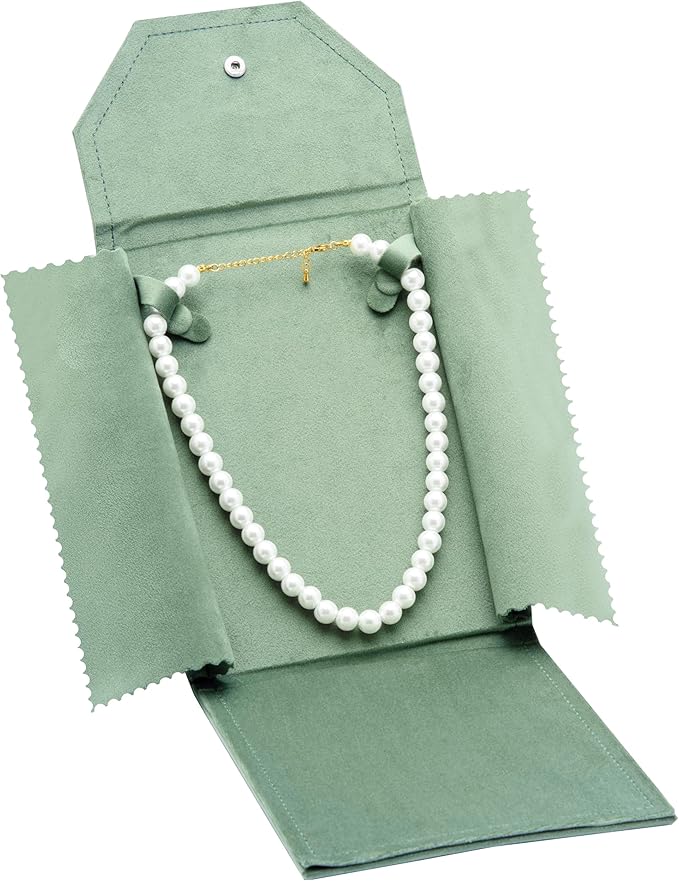 Velvet Necklace Jewelry Travel Folder Storage Display Case (Sage Green)