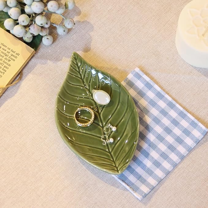Jewelry Dish Trinket Tray for Women, Ring Dish Holder, Unique Leaf Shape Ceramic Plate Cute Things Vanity Aesthetic Room Decor Mother's Day Birthday Christmas Warm House Gifts (Green)
